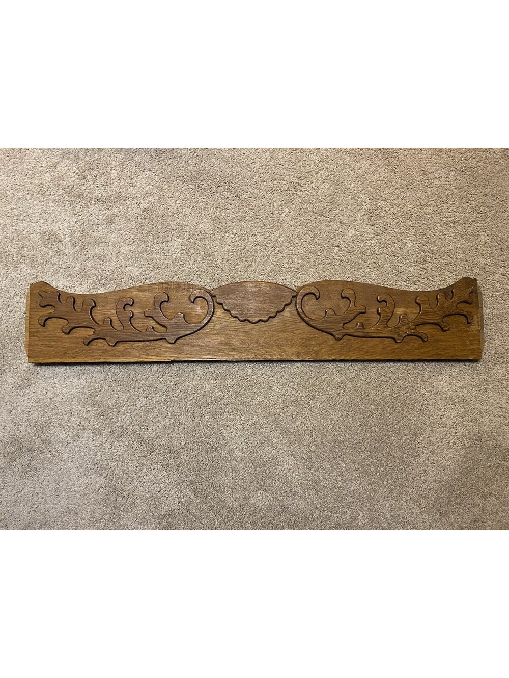 Antique Wooden Pediment Board w/ Carved Design & Rake Mold Edges - 37.75"
